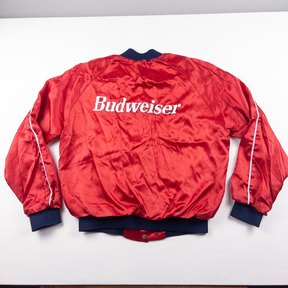 Budweiser Satin Bowling Racing Jacket Mens Medium Red Good Vintage Bud King Beer - Picture 5 of 9